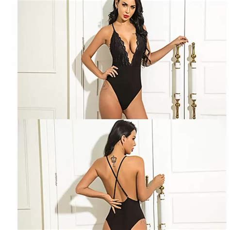 Amazon Vendor Women Snap Crotch Bodysuit Lingerie Deep V Plunging Teddy Lace Backless Teddy