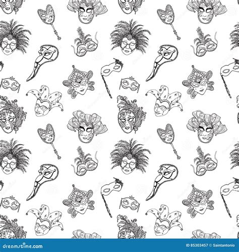 Venice Italy Carnival Masks Seamless Pattern Hand Drawn Sketch Italian