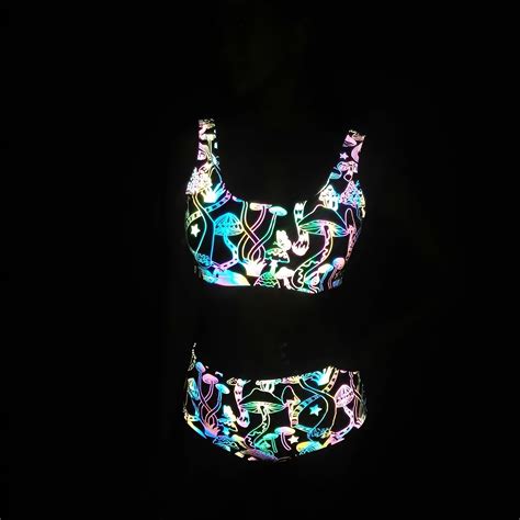 Women S Rainbow Reflective Sexy Bikini Split For Night Club Rave Party Reflective Glowing In