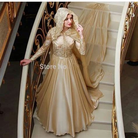 2016 New Design Champagne Chiffon Long Sleeve Muslim Turkish A Line