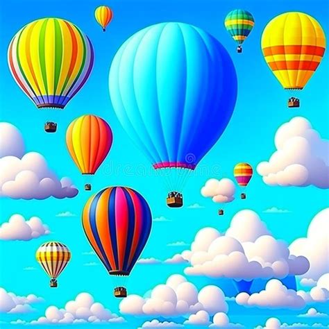 Beautiful Fantasy Hot Air Balloons Against A Blue Sky And Clouds Stock Illustration