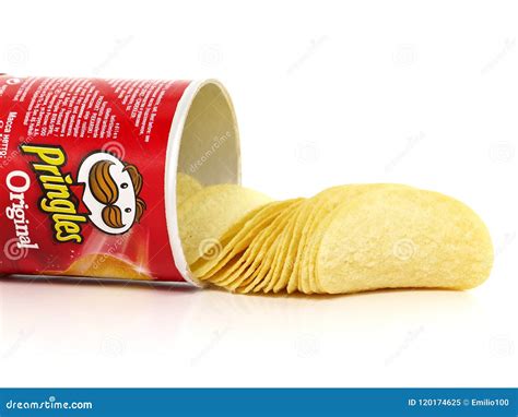 Pringles Original Flavour. Cardboard Tube Can With Pringles Potato Chips On White Table ...