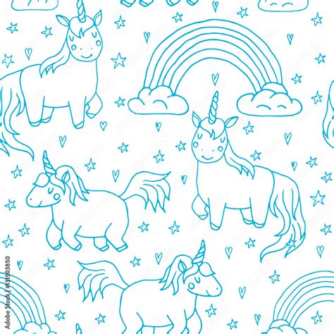 Cute Vector Unicorns And Rainbow Seamless Pattern Hand Drawn Kawaii