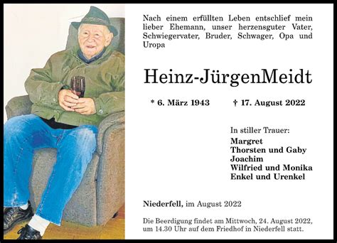 Traueranzeigen von Heinz Jürgen Meidt rz trauer de