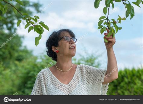 Portrait Mature Brunette Glasses Garden Stock Photo Philipimage