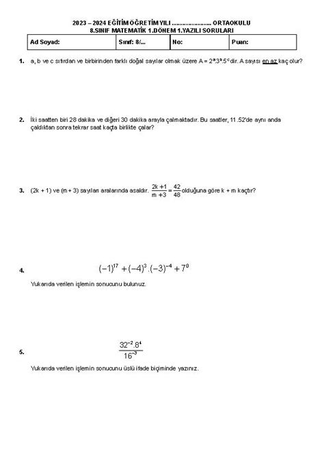 2023 2024 8 Sınıf Matematik 1 Dönem 1 Yazılı Soruları Matematik Vakti