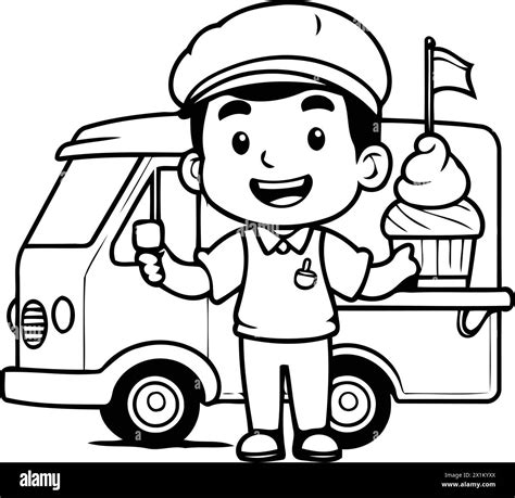 Cute Cartoon Ice Cream Truck Driver With Ice Cream Truck Vector