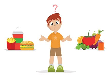 La elección del niño comida chatarra o comida saludable Vector Premium