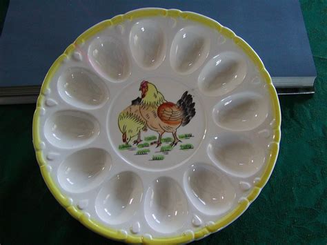 Vintage Deviled Egg Dish Plate Ceramic With Hand Painted Hens