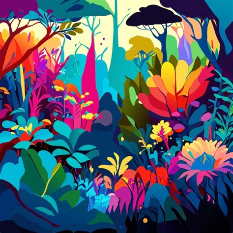 A Watercolor Dreamscape With Vibrant Surreal Flora Vector Illustration