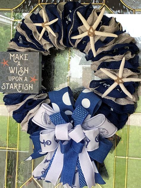 Make A Wish Upon A Starfish Nautical Welcome Wreath Handmade Deco Mesh