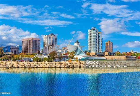 Skyscrapers Of Milwaukee Skyline And Lake Michigan Wi Stock Photo