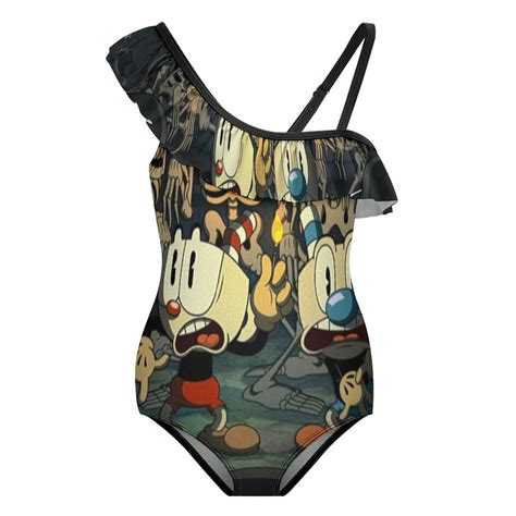 Cuphead One-Piece Swimsuit for Girls Adjustable One Shoulder Ruffled