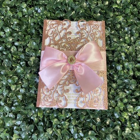 Rose Gold Glitter Quinceanera Invitation Pink Ribbon Invitation