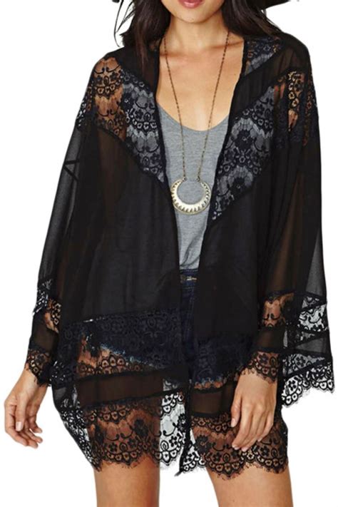 Lace Hollow Out Open Front Coat Black Lace Kimono Lace Kimono Cardigan Blouses For Women