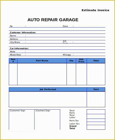 Car Repair Estimate Template Free Of Auto Repair Form Invoice Samples