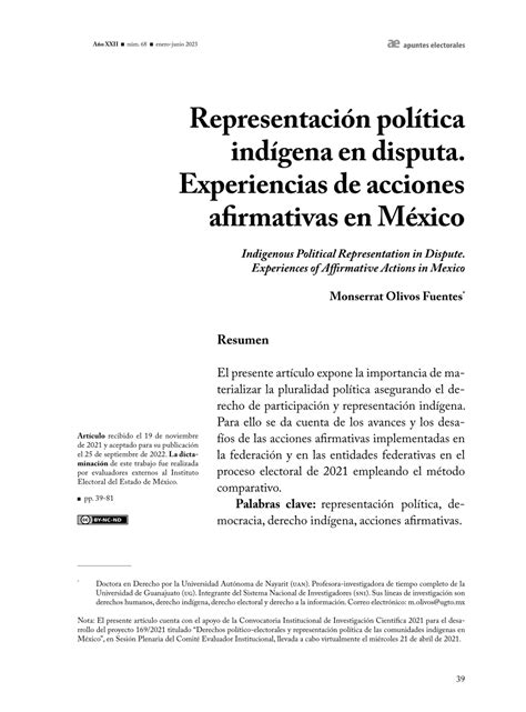 Pdf Representación Política Indígena En Disputa Experiencias De Acciones Afirmativas En México