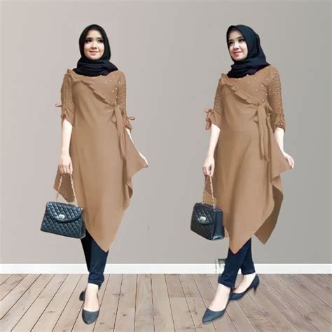 Jual Tunik Wanita Muslim Dewasa Kekinian Lengan Panjang Tali Serut