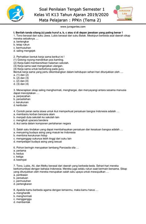 Soal Ppkn Kelas 6 Semester 1 Tema 2 Pdf Artofit