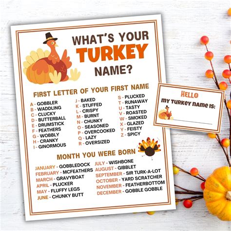What's Your Turkey Name Party Game Printable Thanksgiving Party Game