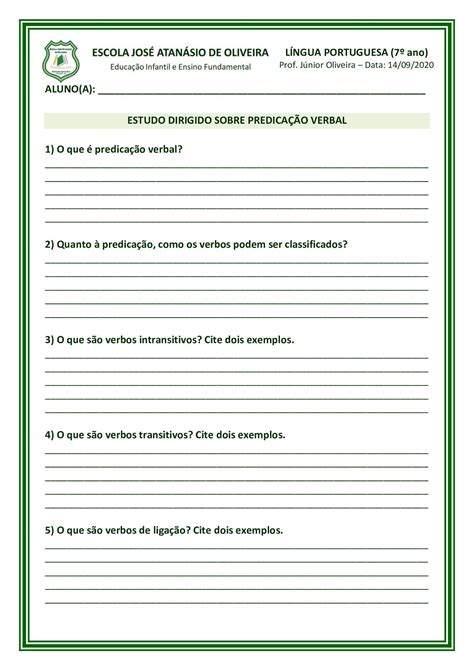 Exercícios Sobre Predicado Verbal E Nominal Com Gabarito 8o Ano