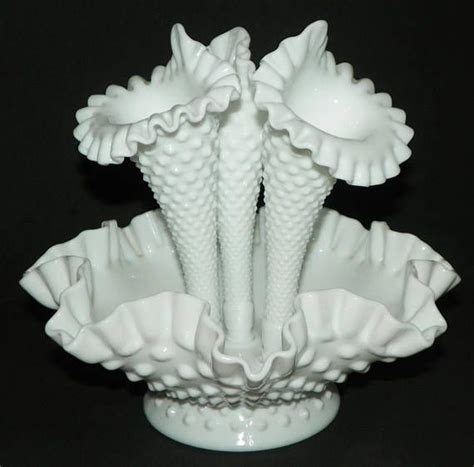 Fenton White Milk Glass Hobnail Four Piece Epergne Set With Three Horns