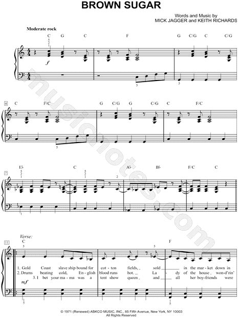 The Rolling Stones Brown Sugar Sheet Music Easy Piano In C Major