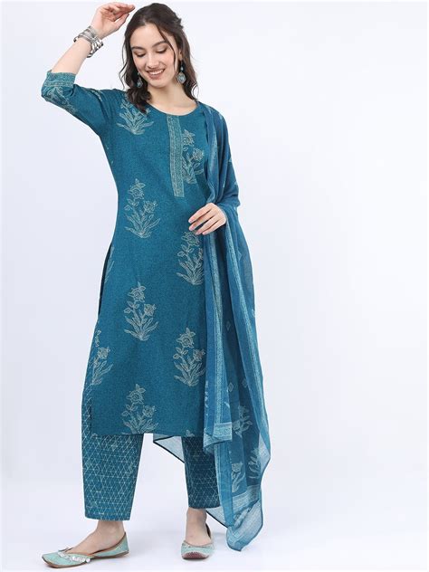 Vishudh Women Teal Ethnic Motifs Printed Pure Cotton Kurta With Trousers And With Dupatta Price