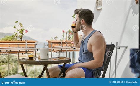 Young Man Drinking Espreso Coffee On Terrace Stock Image Image Of