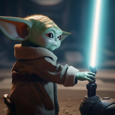 Baby Yoda Grogu Finds Lightsaber Star Wars Mandalorian Digital Image