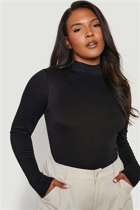 Black Plus Funnel Neck Long Sleeve Top Boohoo Uk