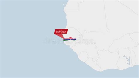 Gambia Map Highlighted In Gambia Flag Colors And Pin Of Country Capital