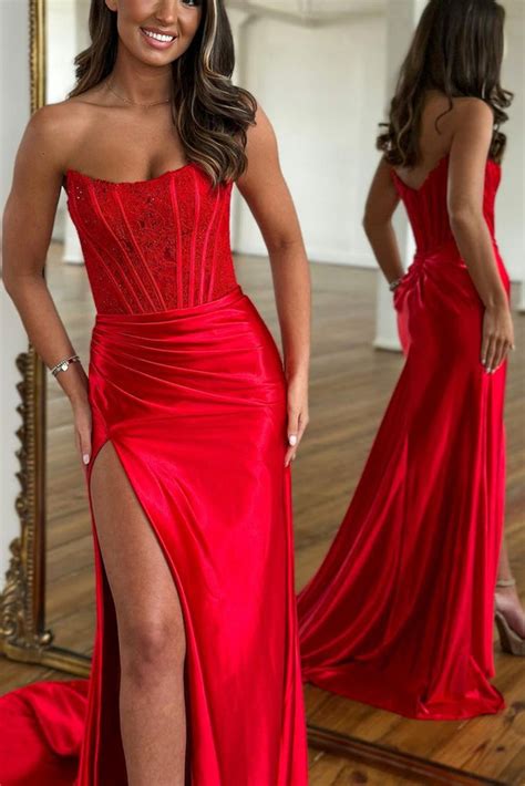 Strapless Mermaid Red Lace Long Prom Dress Mermaid Red Formal Dress Abcprom