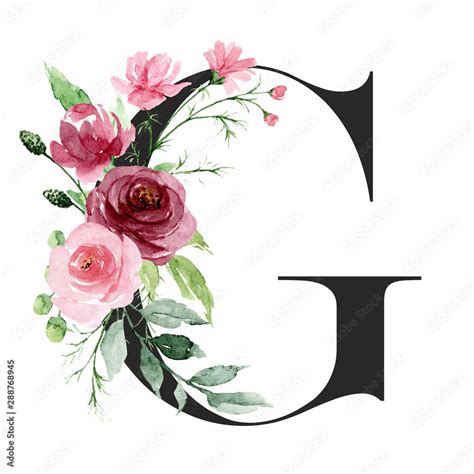 Floral Alphabet Letter G With Watercolor Flowers And Leaf Monogram