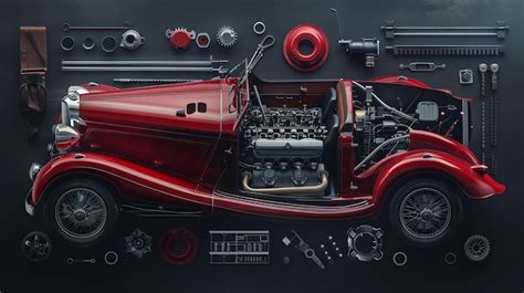 3d Illustration Of A Red Vintage Car In An Exploded View With All Its