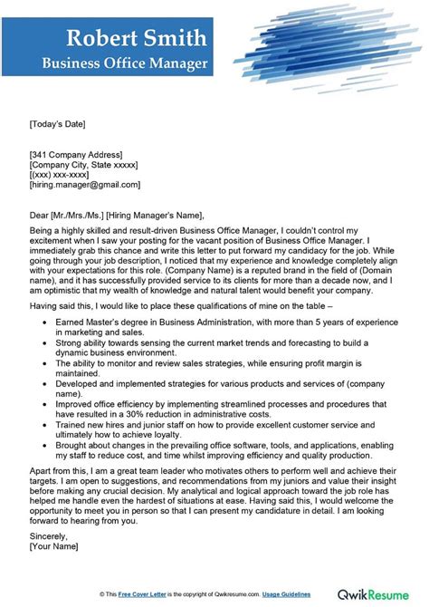 Business Office Manager Cover Letter Examples Qwikresume