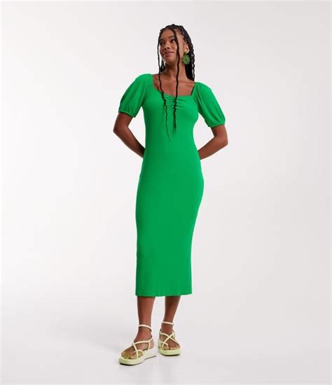 Vestido Midi Em Ribana Decote Franzido Verde