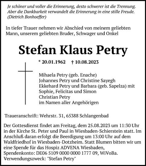 Traueranzeigen Von Stefan Klaus Petry Trauer Rheinmain De