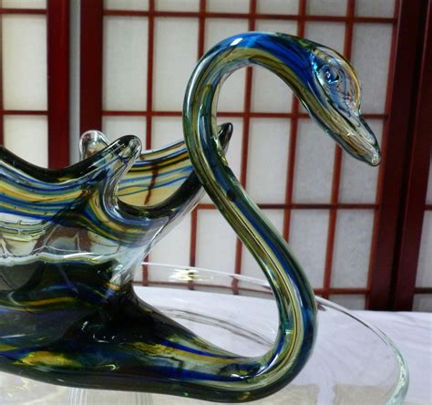 Vintage Murano Glass Swan Bowl Italian Blown Stretch Glass Swan Centerpiece In Blue Yellow