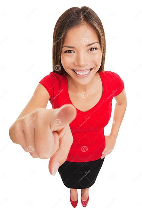 Woman Pointing Camera Smiling Happy Stock Image Image Of Length