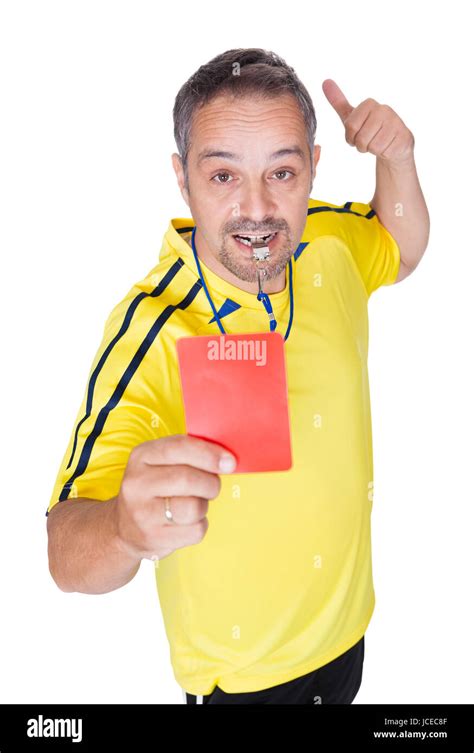 Soccer Referee Showing Red Card On White Background Stock Photo Alamy