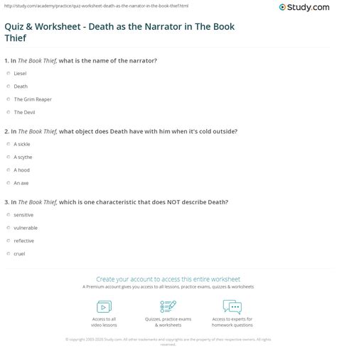 Quiz & Worksheet - Death as the Narrator in The Book Thief | Study.com