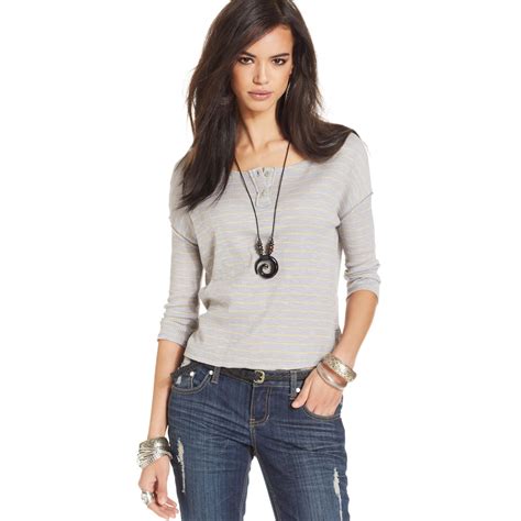 Lyst Free People Three Quarter Sleeve Striped Cropped Henley Top In Gray