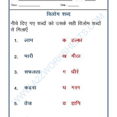 Worksheet Of Hindi Grammar Vilom Shabd Opposite Words Hindi