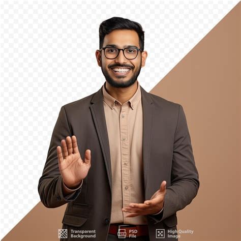 Premium Psd A Man Wearing Glasses And A Brown Shirt With A Tag That