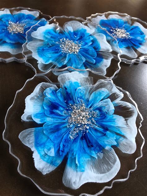 Handmade Epoxy Resin Coasters White Blue Flower Wedding Etsy In 2022