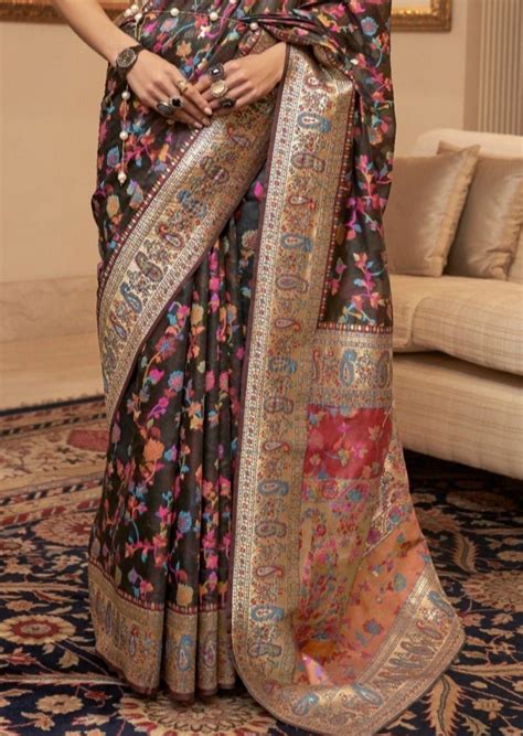 Buy Pure Kashmiri Jamawar Silk Black Pashmina Saree Online Shopping