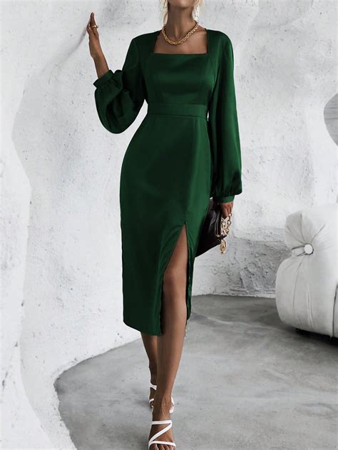 Square Neck Lantern Sleeve Split Thigh Dress Shein