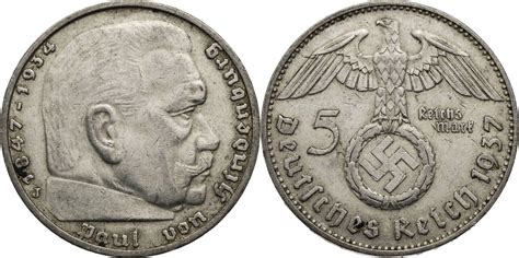 Drittes Reich 5 Reichsmark 1937 J Hindenburg Kursmünze 1936 1939 VF