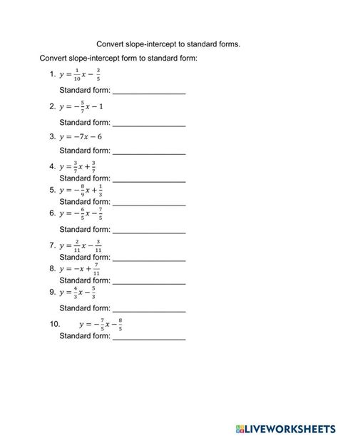 Convert Slope Intercept To Standard Form Worksheet Live Worksheets